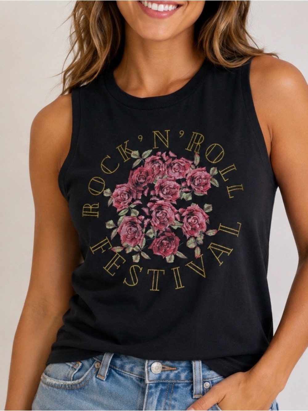 Fifth Sun Black 'Rock 'N' Roll Festival' Graphic Tank raw sleeve hem SZ SM